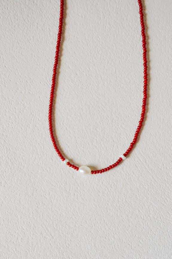 Abstract Seed Bead Necklace - Red