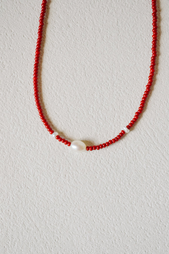 Abstract Seed Bead Necklace - Red
