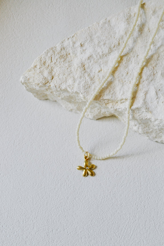 Cream Seed Bead Necklace with Flower Charm