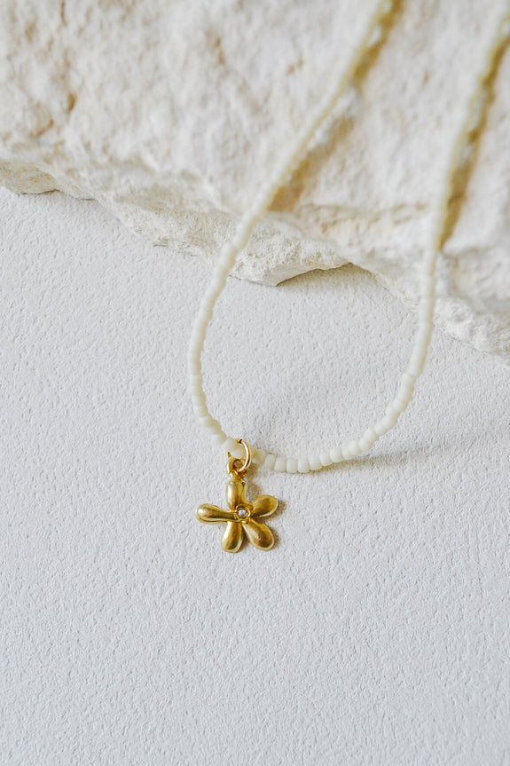 Cream Seed Bead Necklace with Flower Charm