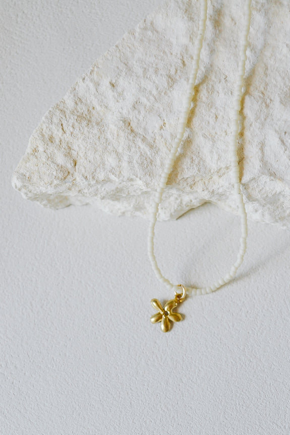 Cream Seed Bead Necklace with Flower Charm