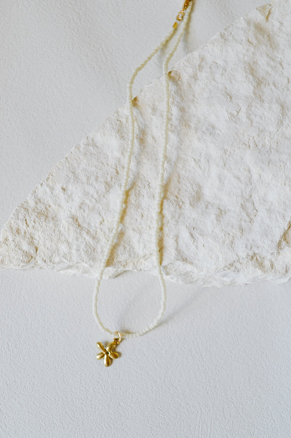 Cream Seed Bead Necklace with Flower Charm