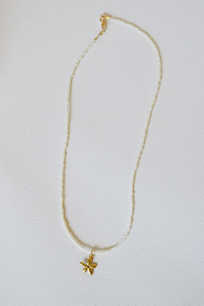 Cream Seed Bead Necklace with Flower Charm