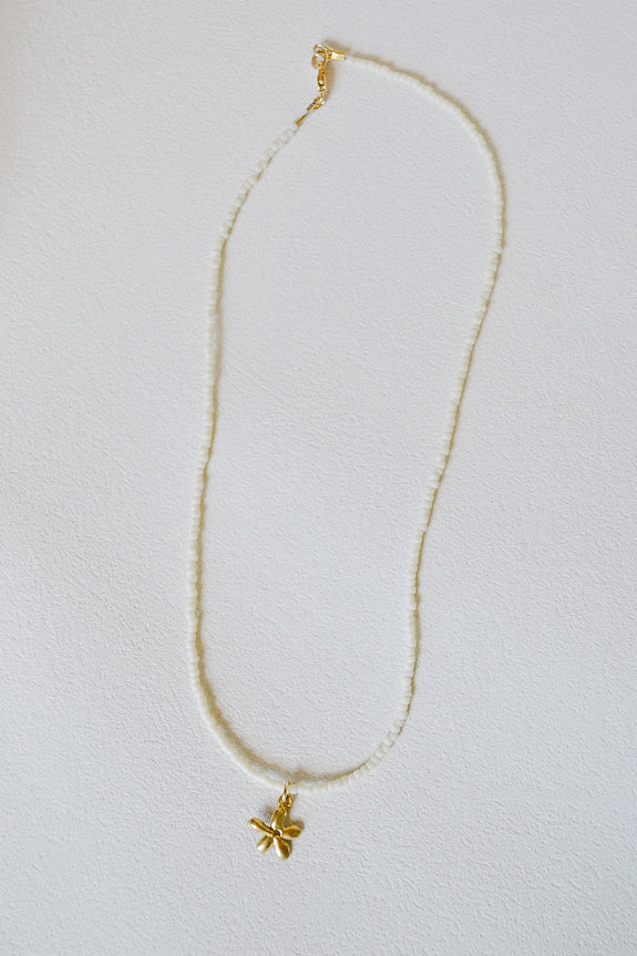 Cream Seed Bead Necklace with Flower Charm
