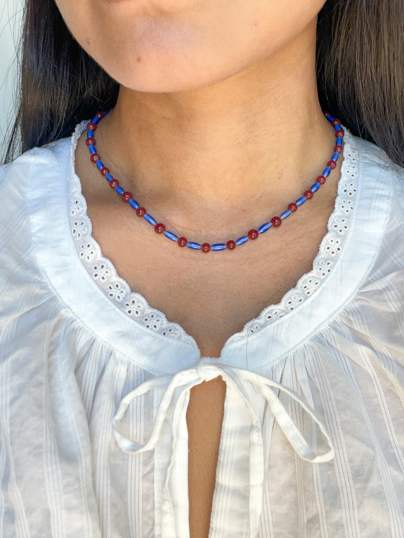 Vintage Beaded Necklace - Burgundy & Blue