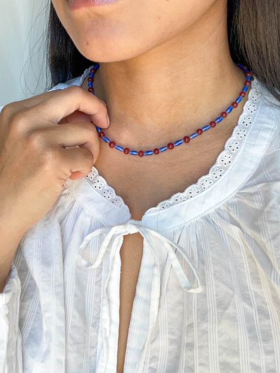 Vintage Beaded Necklace - Burgundy & Blue