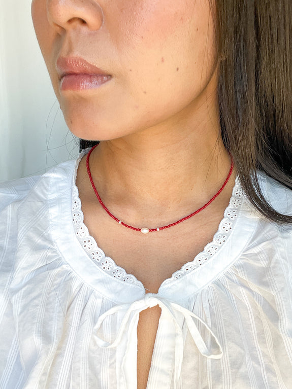 Abstract Seed Bead Necklace - Red