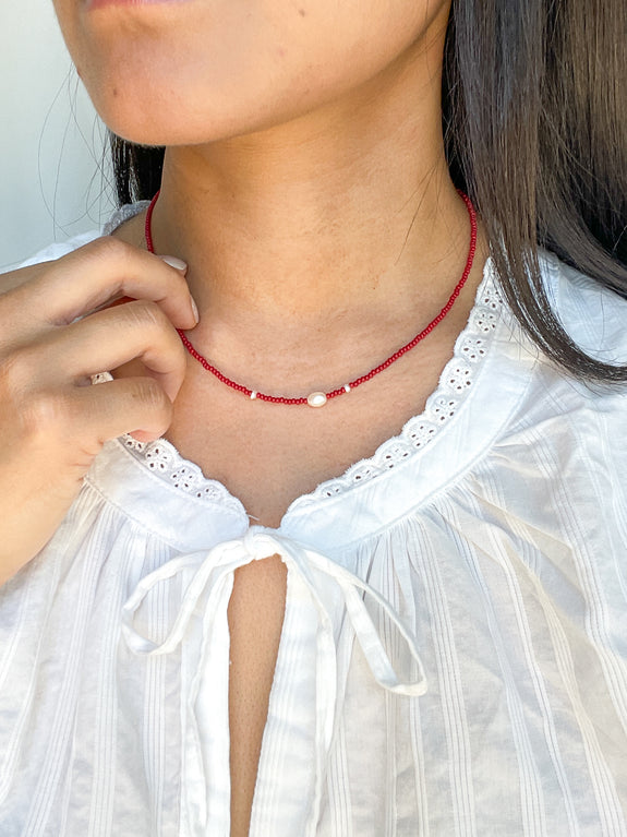 Abstract Seed Bead Necklace - Red