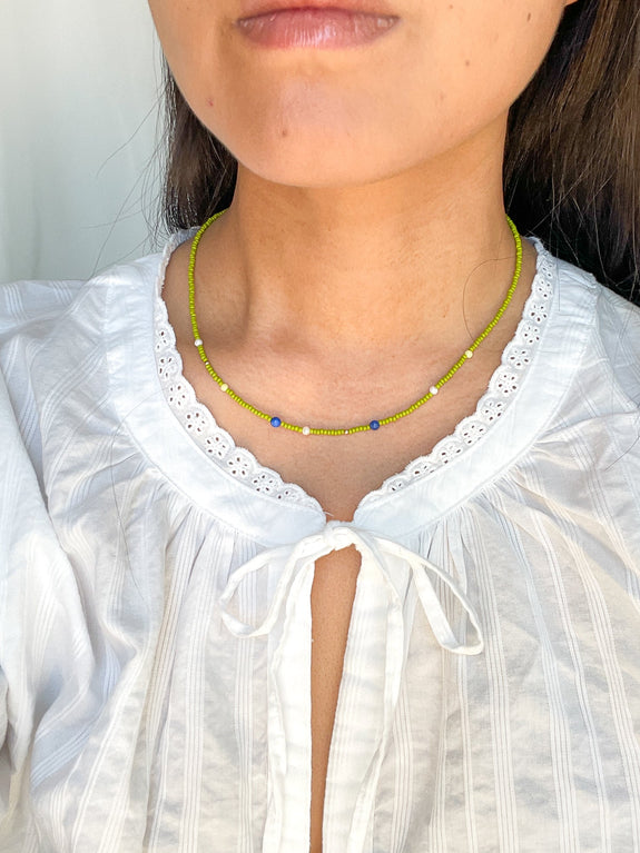 Abstract Seed Bead Necklace - Chartreuse Green