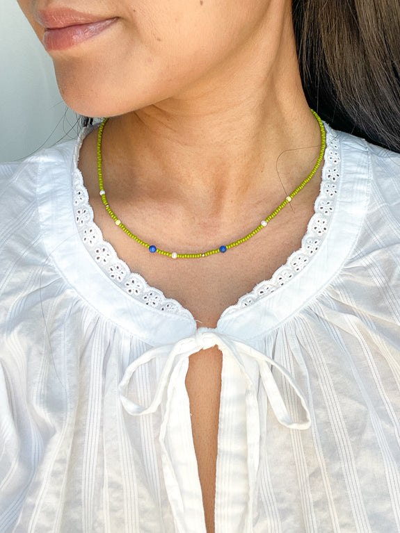 Abstract Seed Bead Necklace - Chartreuse Green