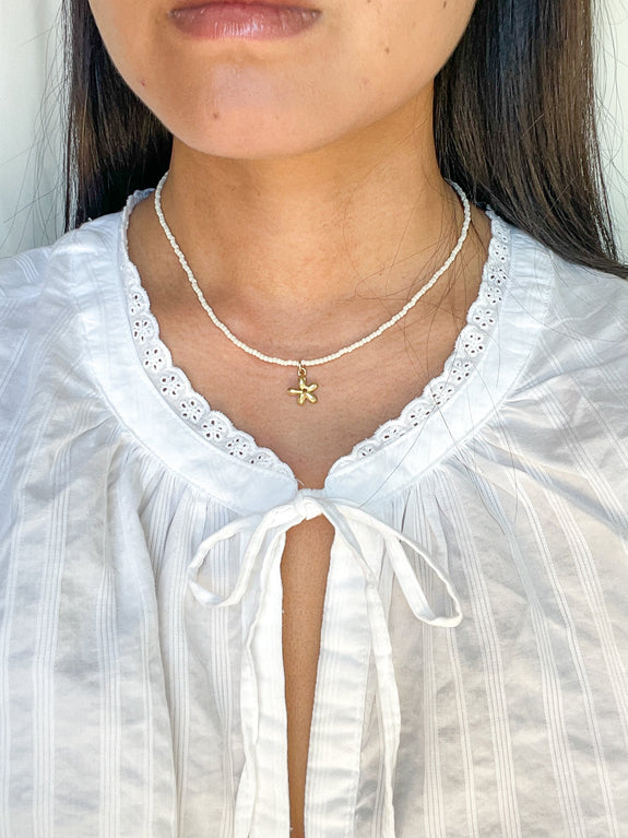 Cream Seed Bead Necklace with Flower Charm